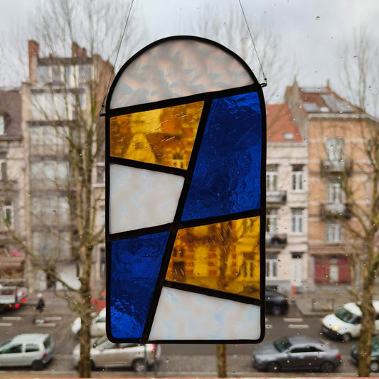 stained glass window hanger, sun catcher, in white yellow and blue