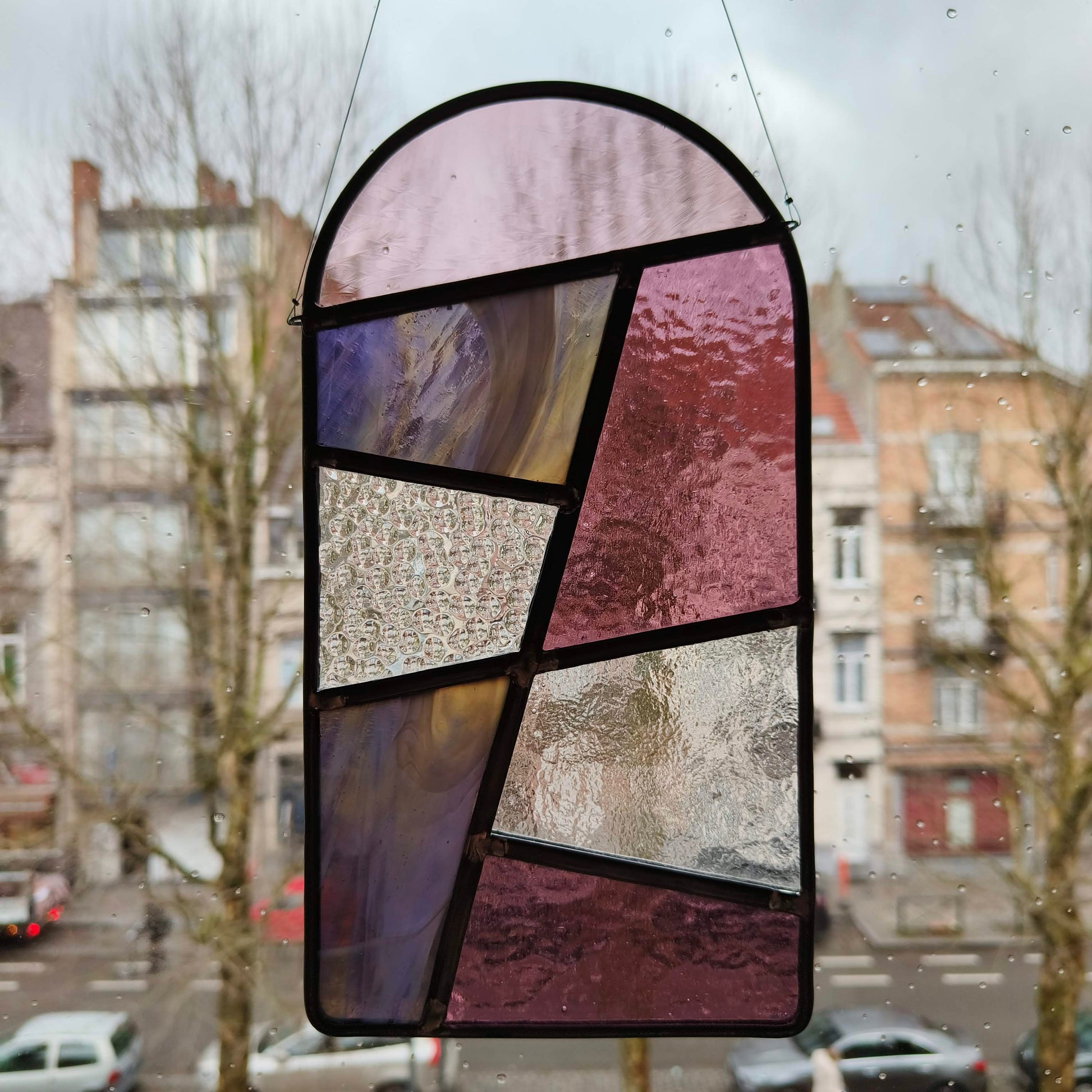 stained glass window hanger, sun catcher, in transparant, purple and pink