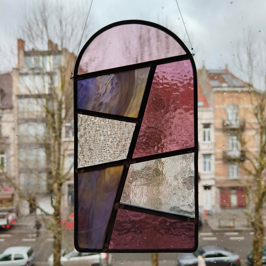 stained glass window hanger, sun catcher, in transparant, purple and pink